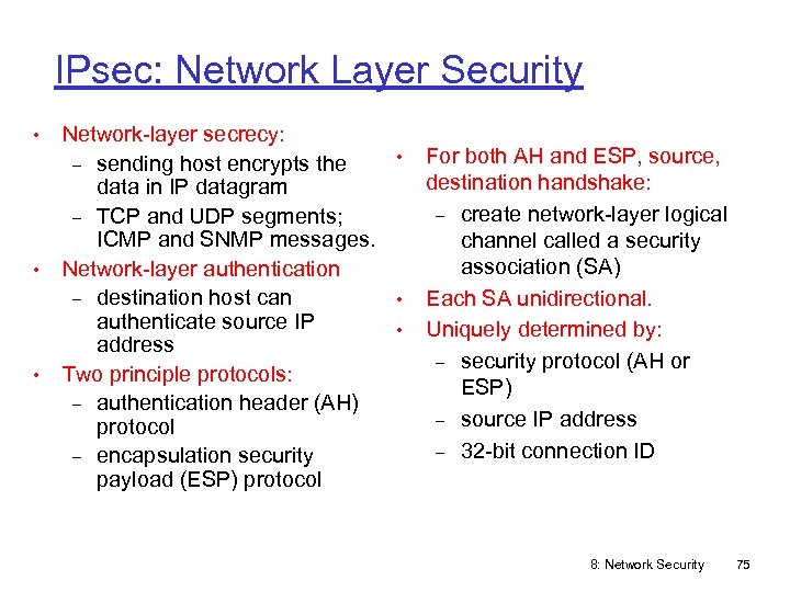 IPsec: Network Layer Security • • • Network-layer secrecy: • sending host encrypts the
