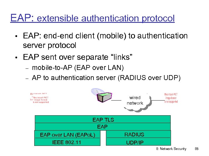 EAP: extensible authentication protocol • EAP: end-end client (mobile) to authentication server protocol •