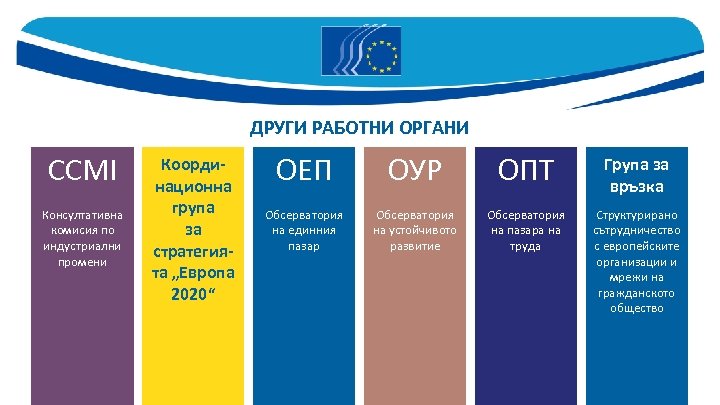 ДРУГИ РАБОТНИ ОРГАНИ CCMI Консултативна комисия по индустриални промени Координационна група за стратегията „Европа