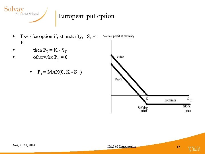 European put option • • • Exercise option if, at maturity, ST < K