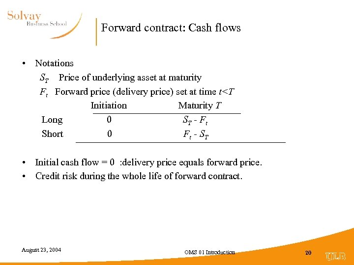 Forward contract: Cash flows • Notations ST Price of underlying asset at maturity Ft