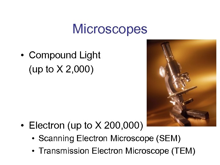 Microscopes • Compound Light (up to X 2, 000) • Electron (up to X