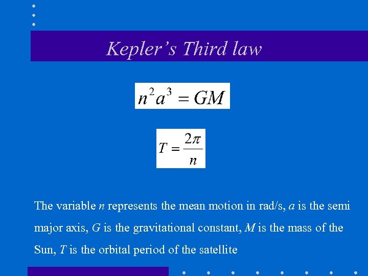 Kepler’s Third law The variable n represents the mean motion in rad/s, a is
