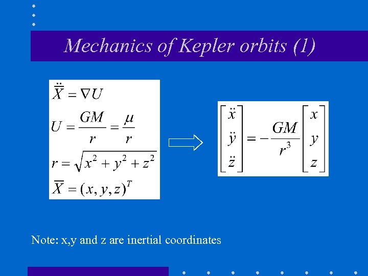 Mechanics of Kepler orbits (1) Note: x, y and z are inertial coordinates 