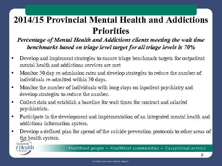 2014/15 Provincial Mental Health and Addictions Priorities Percentage of Mental Health and Addictions clients