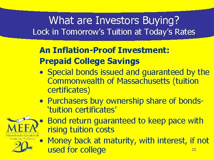 What are Investors Buying? Lock in Tomorrow’s Tuition at Today’s Rates An Inflation-Proof Investment: