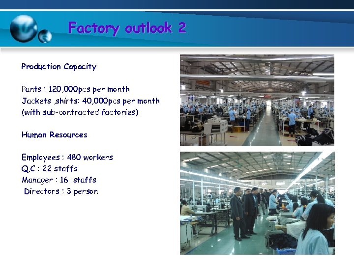 Factory outlook 2 Production Capacity Pants : 120, 000 pcs per month Jackets ,