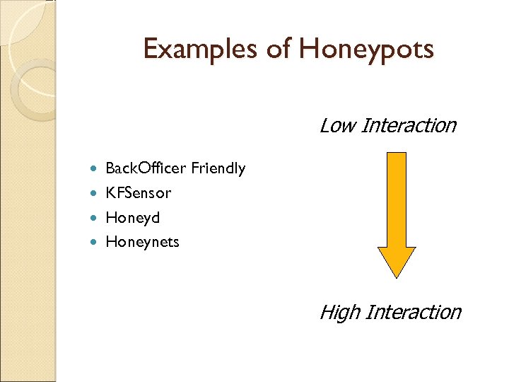 Examples of Honeypots Low Interaction Back. Officer Friendly KFSensor Honeyd Honeynets High Interaction 