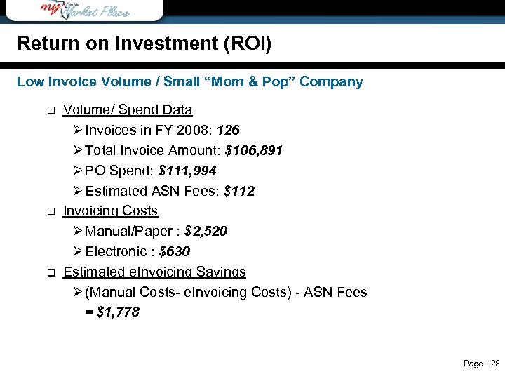 Return on Investment (ROI) Return on Investment Low Invoice Volume / Small “Mom &