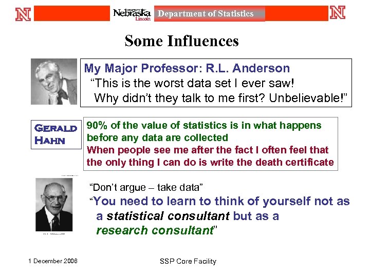 Department of Statistics Some Influences My Major Professor: R. L. Anderson “This is the