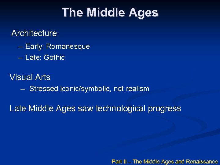 The Middle Ages Architecture – Early: Romanesque – Late: Gothic Visual Arts – Stressed