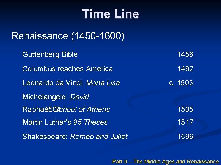 Time Line Renaissance (1450 -1600) Guttenberg Bible 1456 Columbus reaches America 1492 Leonardo da