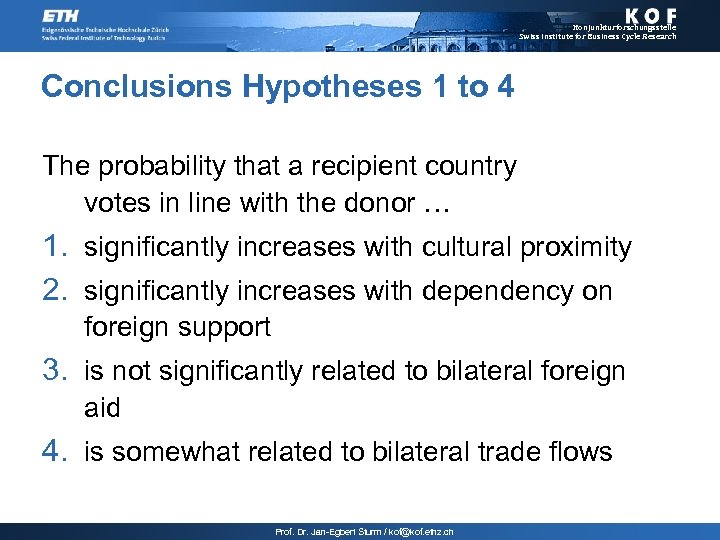 Konjunkturforschungsstelle Swiss Institute for Business Cycle Research Conclusions Hypotheses 1 to 4 The probability