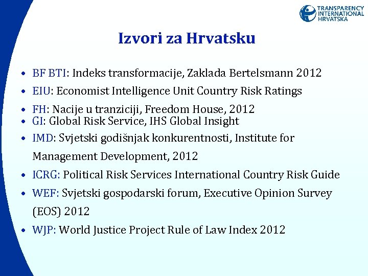 Izvori za Hrvatsku • BF BTI: Indeks transformacije, Zaklada Bertelsmann 2012 • EIU: Economist