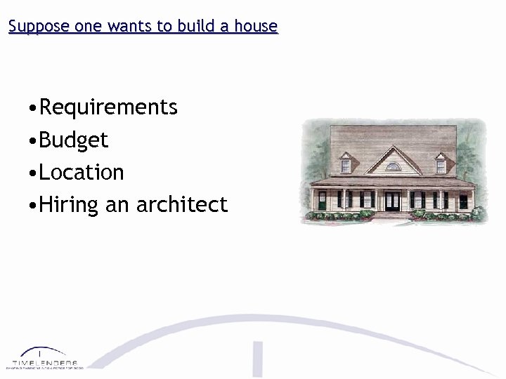 Suppose one wants to build a house • Requirements • Budget • Location •