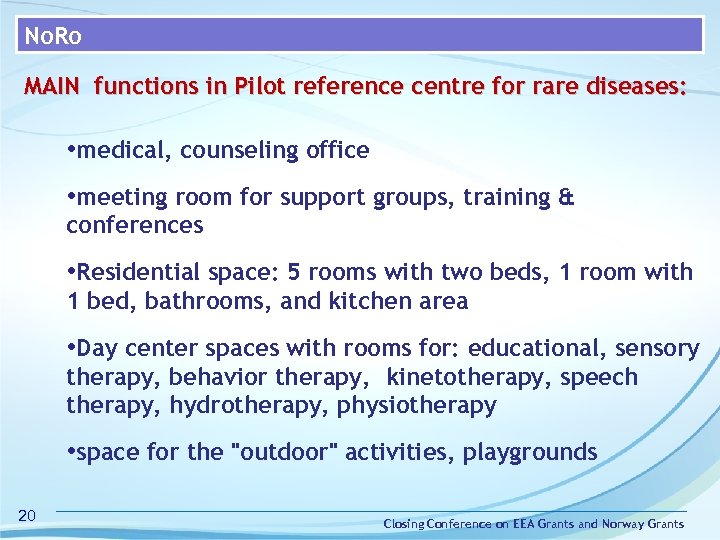 No. Ro MAIN functions in Pilot reference centre for rare diseases: • medical, counseling