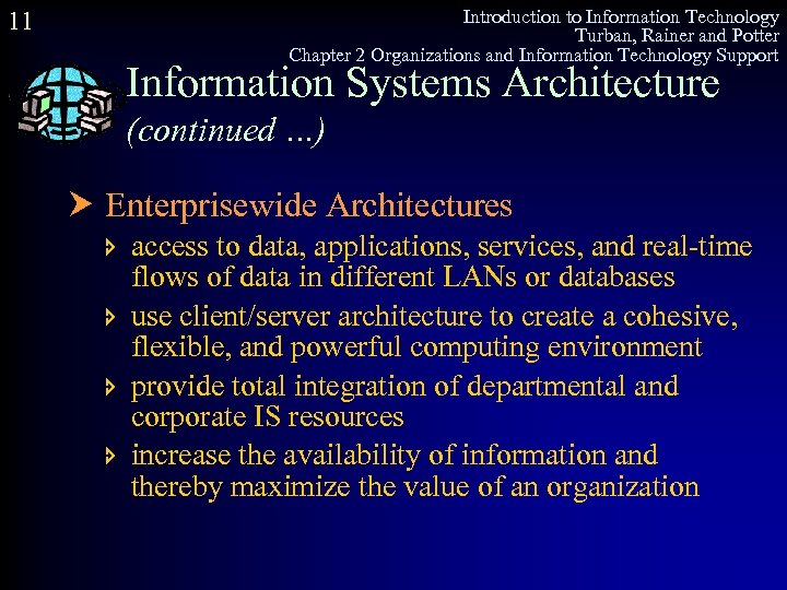 11 Introduction to Information Technology Turban, Rainer and Potter Chapter 2 Organizations and Information