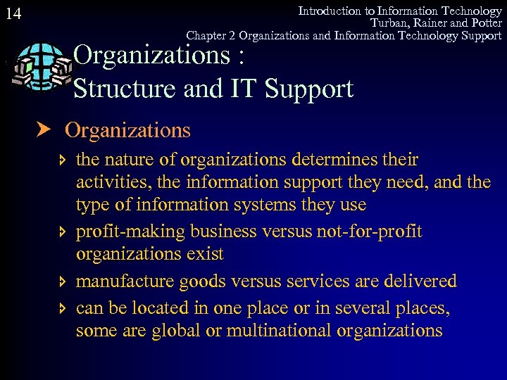 14 Introduction to Information Technology Turban, Rainer and Potter Chapter 2 Organizations and Information