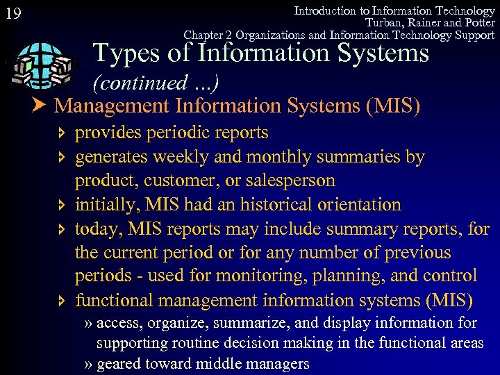 19 Introduction to Information Technology Turban, Rainer and Potter Chapter 2 Organizations and Information