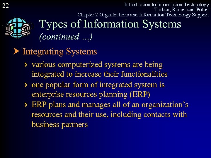 22 Introduction to Information Technology Turban, Rainer and Potter Chapter 2 Organizations and Information