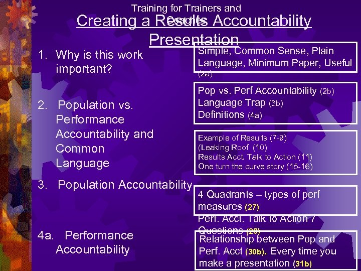 Training for Trainers and Coaches Creating a Results Accountability Presentation 1. Why is this