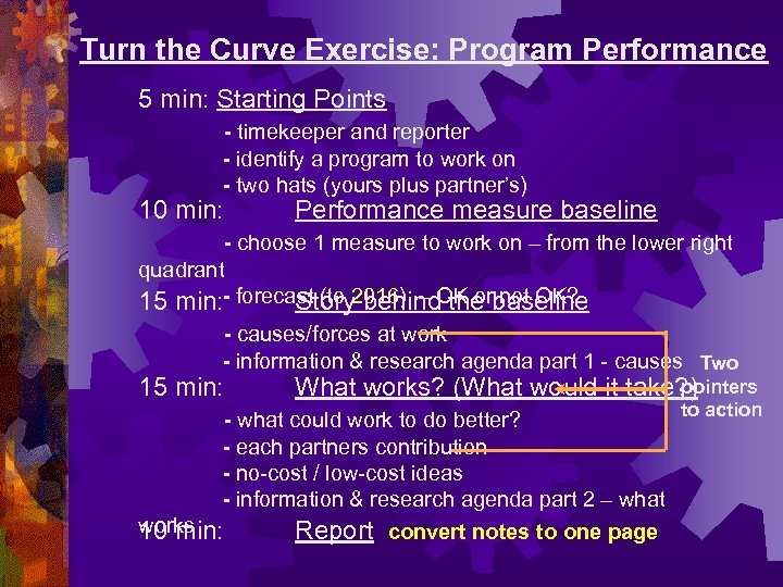 Turn the Curve Exercise: Program Performance 5 min: Starting Points - timekeeper and reporter