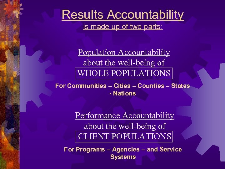 Results Accountability is made up of two parts: Population Accountability about the well-being of