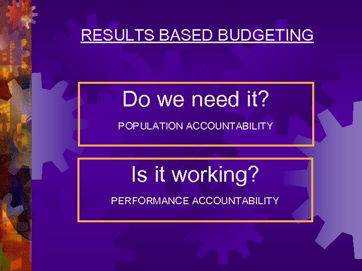 RESULTS BASED BUDGETING Do we need it? POPULATION ACCOUNTABILITY Is it working? PERFORMANCE ACCOUNTABILITY