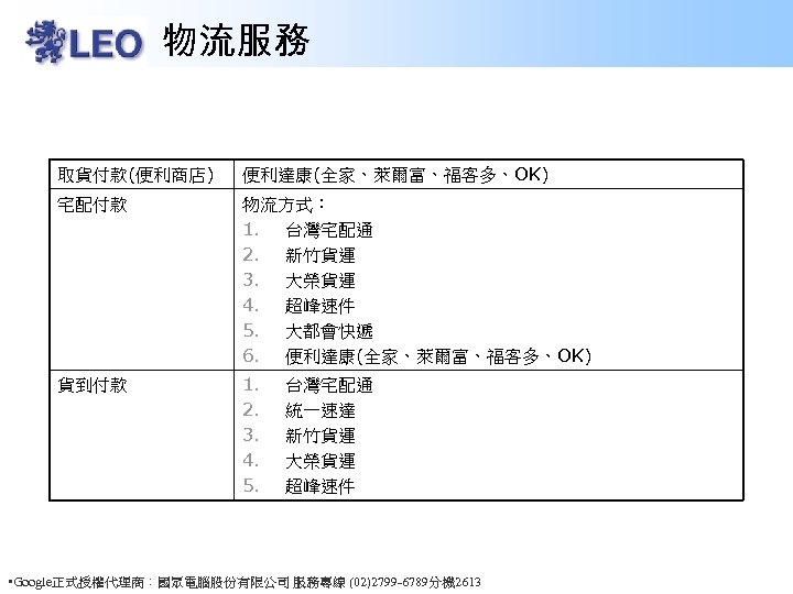 物流服務 取貨付款(便利商店) 便利達康(全家、萊爾富、福客多、OK) 宅配付款 物流方式： 1. 台灣宅配通 2. 新竹貨運 3. 大榮貨運 4. 超峰速件 5.