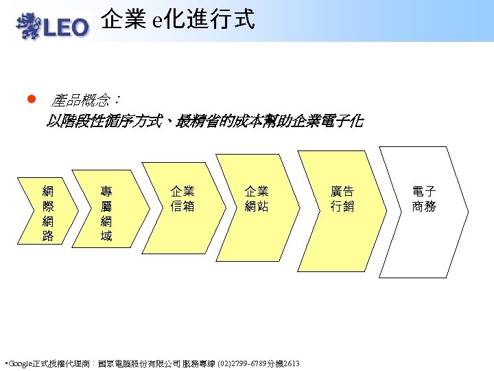 企業 e化進行式 l 產品概念： 以階段性循序方式、最精省的成本幫助企業電子化 網 際 網 路 專 屬 網 域 企業