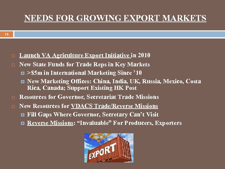 NEEDS FOR GROWING EXPORT MARKETS 15 Launch VA Agriculture Export Initiative in 2010 New