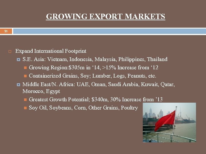 GROWING EXPORT MARKETS 21 Expand International Footprint S. E. Asia: Vietnam, Indonesia, Malaysia, Philippines,