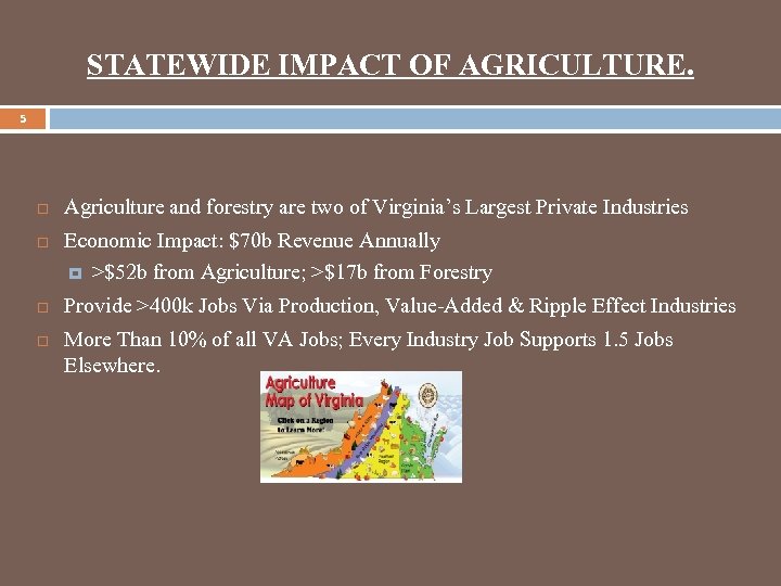 STATEWIDE IMPACT OF AGRICULTURE. 5 Agriculture and forestry are two of Virginia’s Largest Private