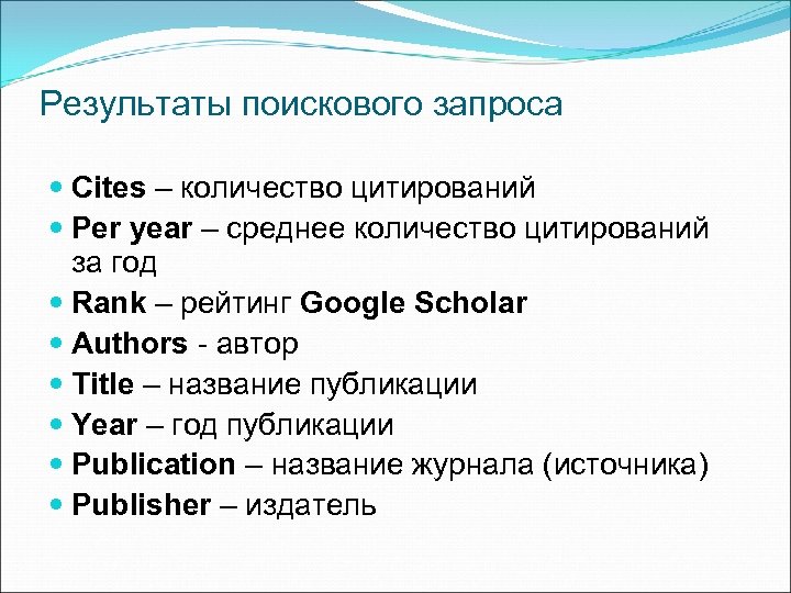 Результаты поискового запроса Cites – количество цитирований Per year – среднее количество цитирований за