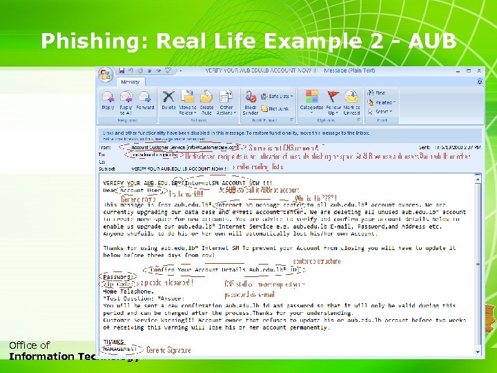 Phishing: Real Life Example 2 - AUB 11 Office of Information Technology 