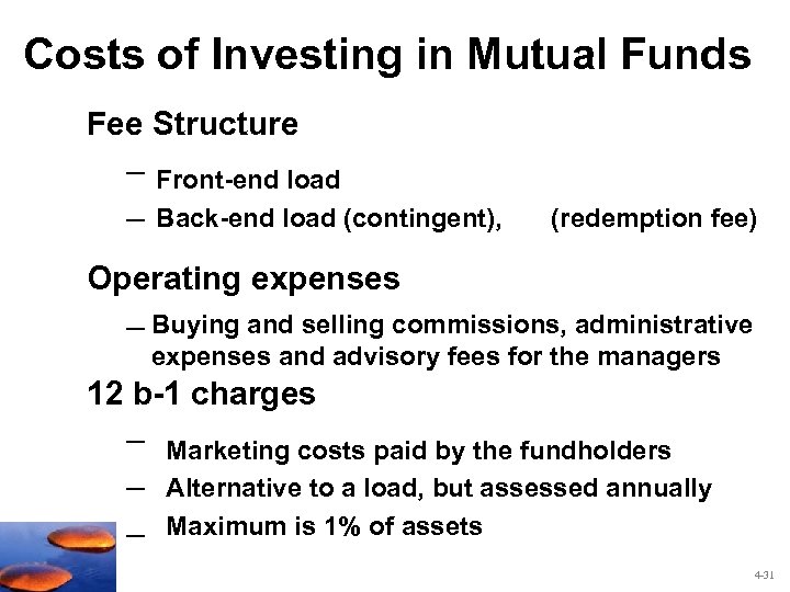 Costs of Investing in Mutual Funds Fee Structure – Front-end load – Back-end load