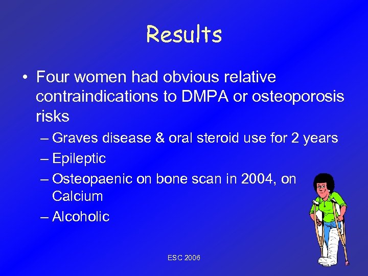 Results • Four women had obvious relative contraindications to DMPA or osteoporosis risks –