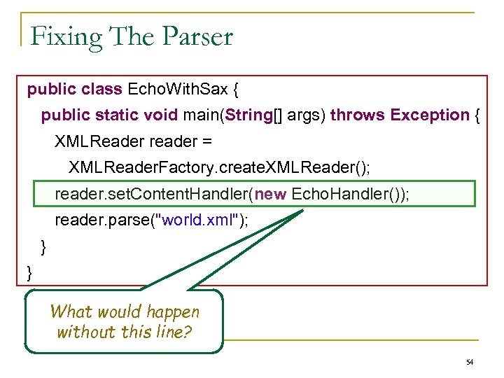 Fixing The Parser public class Echo. With. Sax { public static void main(String[] args)