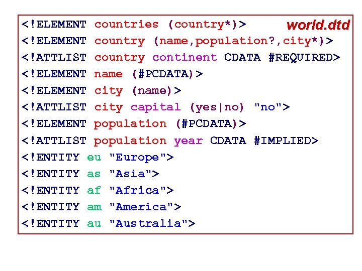 <!ELEMENT countries (country*)> world. dtd <!ELEMENT country (name, population? , city*)> <!ATTLIST country continent