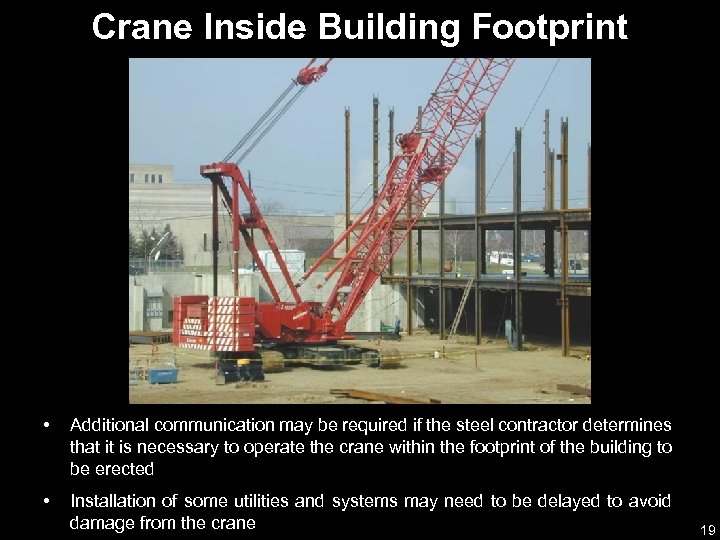 Crane Inside Building Footprint • Additional communication may be required if the steel contractor