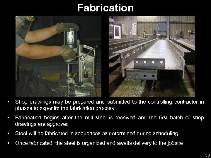 Fabrication • Shop drawings may be prepared and submitted to the controlling contractor in