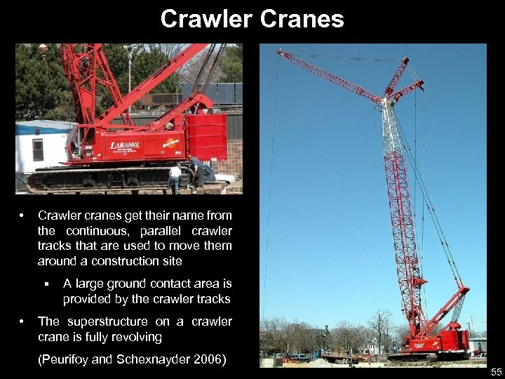 Crawler Cranes • Crawler cranes get their name from the continuous, parallel crawler tracks