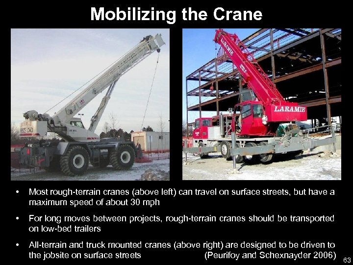 Mobilizing the Crane • Most rough-terrain cranes (above left) can travel on surface streets,