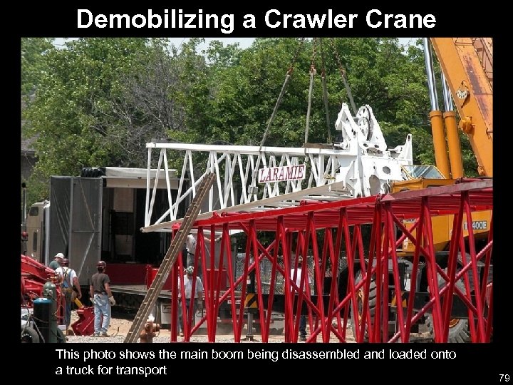 Demobilizing a Crawler Crane This photo shows the main boom being disassembled and loaded