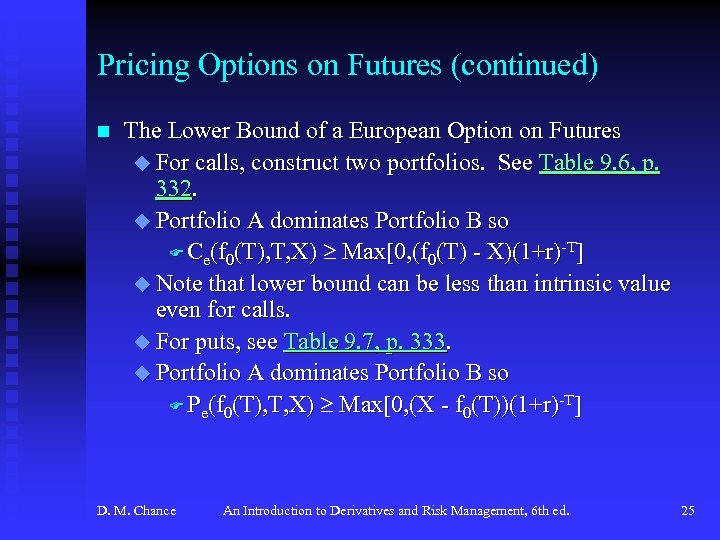 Pricing Options on Futures (continued) n The Lower Bound of a European Option on