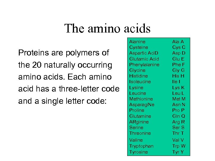 The amino acids Proteins are polymers of the 20 naturally occurring amino acids. Each