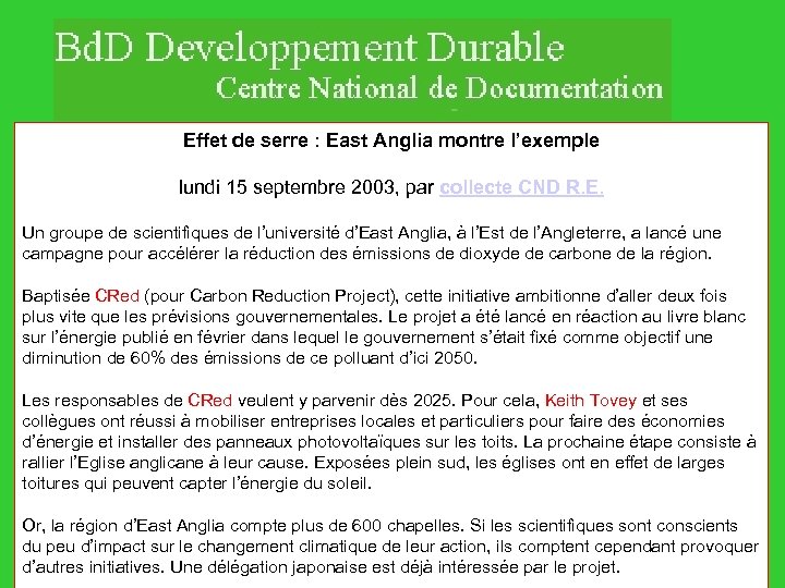 Effet de serre : East Anglia montre l’exemple lundi 15 septembre 2003, par collecte