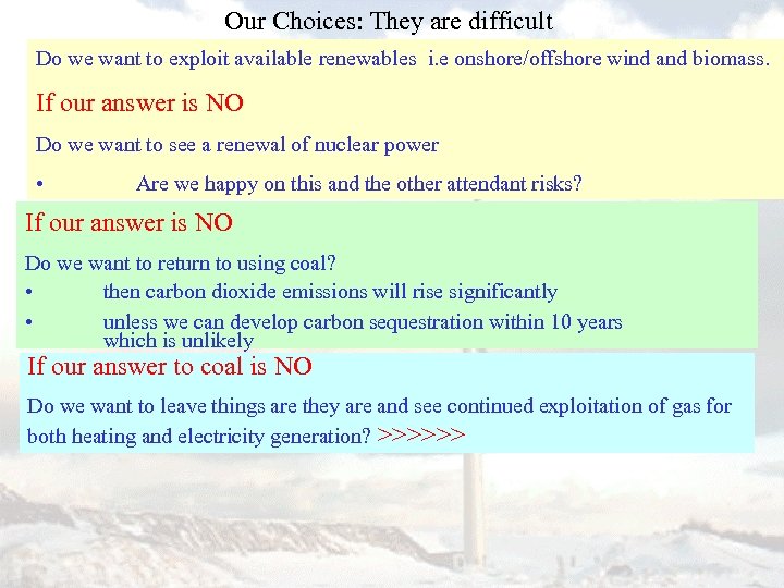 Our Choices: They are difficult Do we want to exploit available renewables i. e