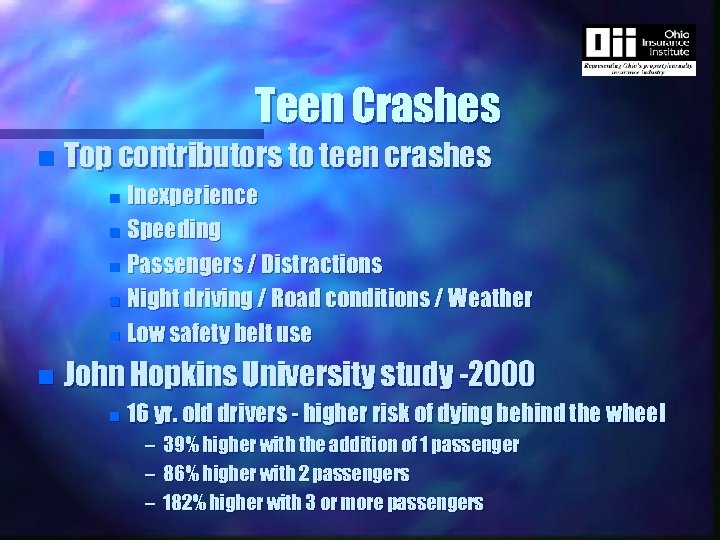 Teen Crashes n Top contributors to teen crashes Inexperience n Speeding n Passengers /
