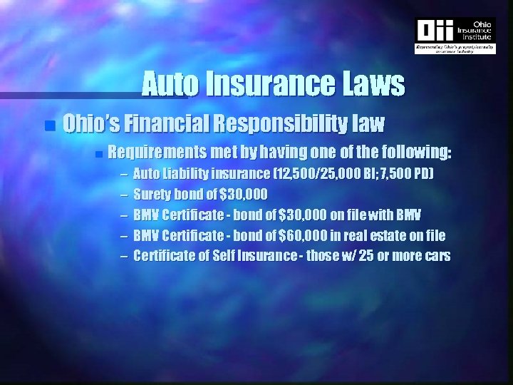 Auto Insurance Laws n Ohio’s Financial Responsibility law n Requirements met by having one
